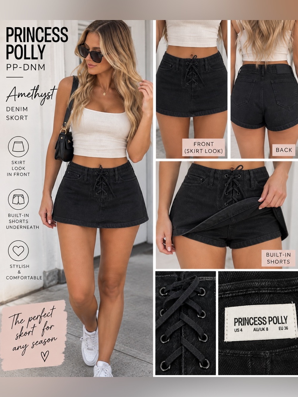 Princess Polly Amethyst Black Denim Lace Up Skort Size 4 NWT